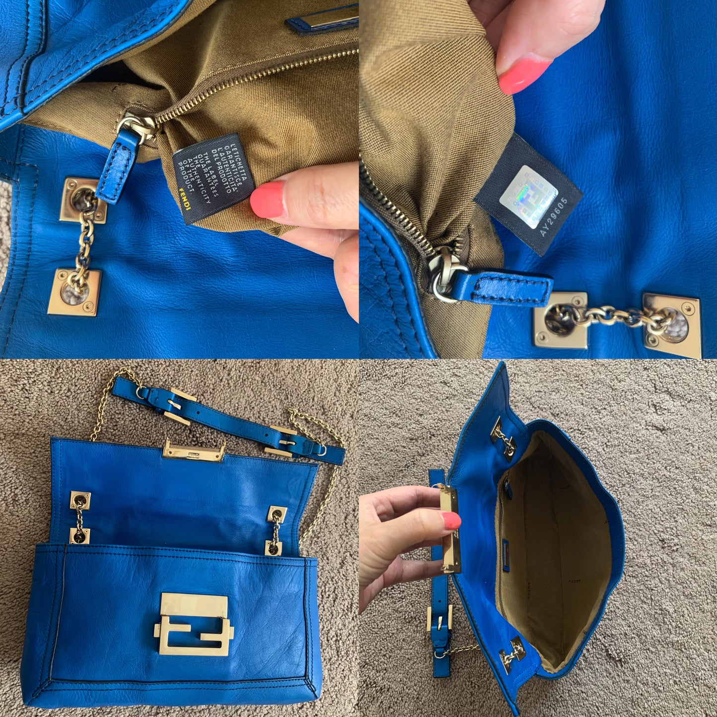 Authentic Fendi 2 way baguette chain blue leather bag